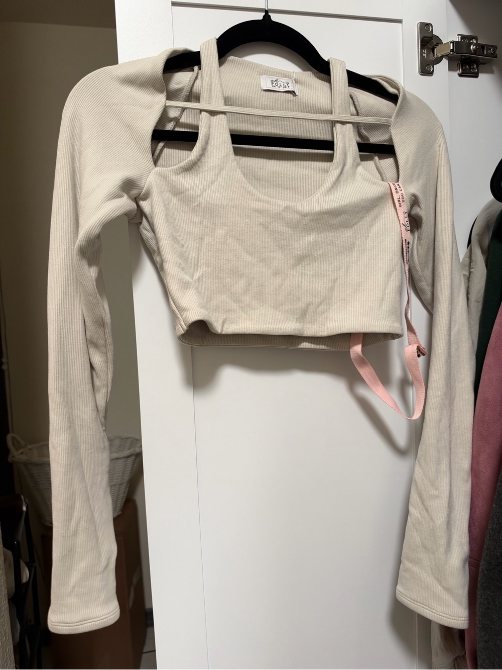 Oh Polly Ribbed Cutout Long-Sleeve Crop Top in Cream